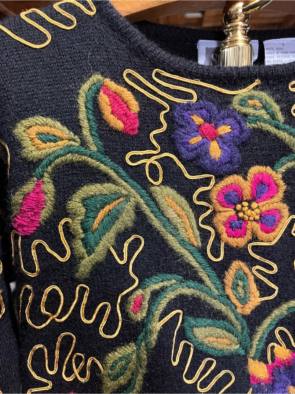 Sigrid Olsen Vintage 100 Wool Black Sweater with Multicolor Floral Embroidery - Picture 6 of 10